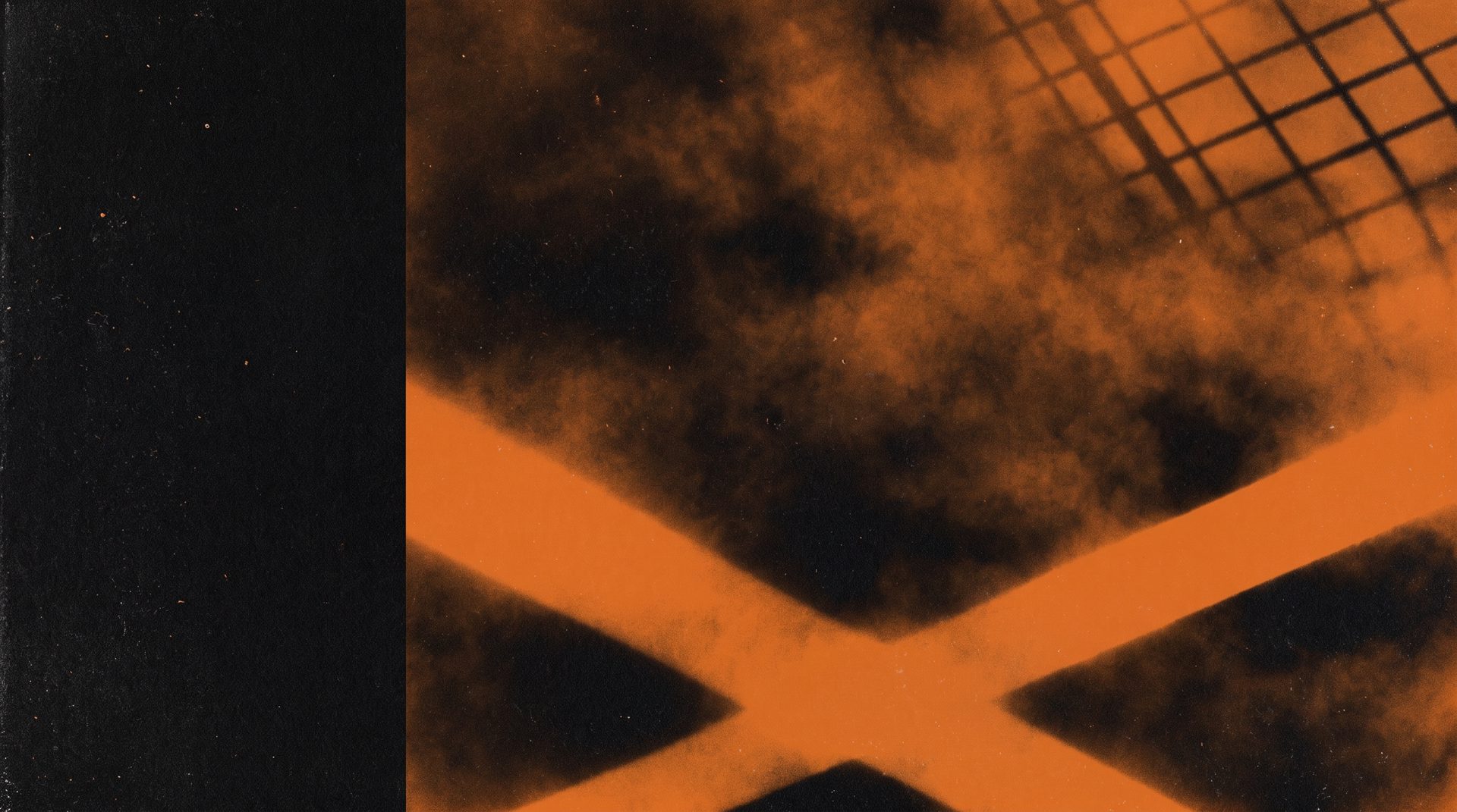 Photogram: two hard shafts of light cross low through a standing wall of haze, with the grating lattice above them.